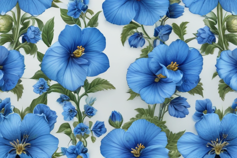 Vibrant Blue Floral Pattern Featuring Lush Blooms and Delicate Greenery