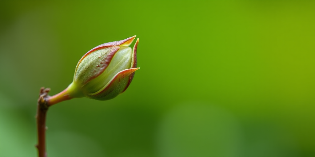 macro shot of a budding leaf with a blurred green background, aperture f/2.8, ISO 100, shutter speed 1/250 sec, taken with a DSLR camera, 85mm lens, soft lighting for enhanced texture and detail