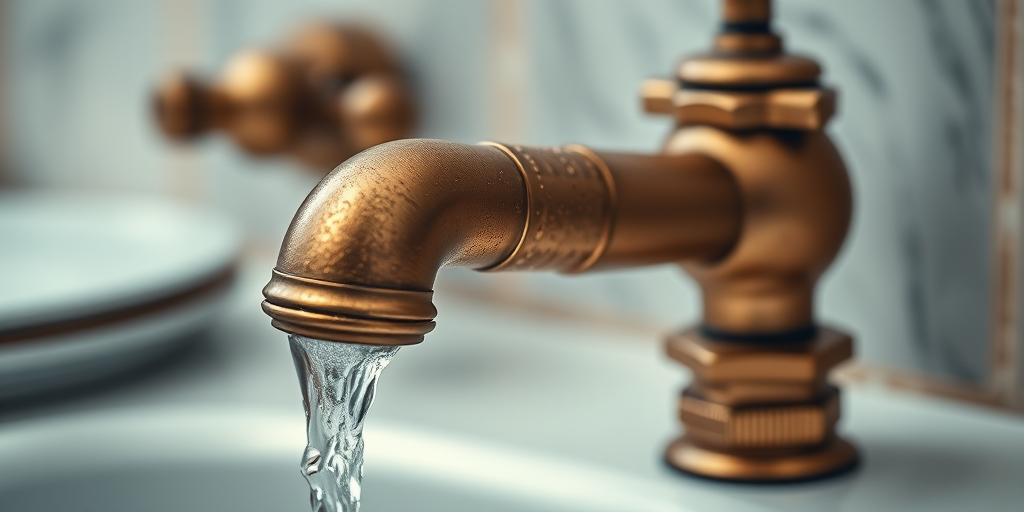 Create a high-resolution image of a vintage brass faucet with running water, captured from a close-up perspective using a DSLR camera with a 50mm lens, aperture set to f/2.8 for a shallow depth of field, ISO 100 for clarity, and a shutter speed of 1/200 sec to freeze the water movement.
