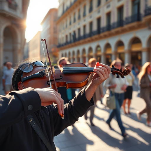 Sharp, detailed image of a street musician playing violin in a busy plaza, sunlight glinting off the strings, people walking by, some stopping to listen, soft shadows cast by the surrounding buildings, the distant sound of city life in the background.