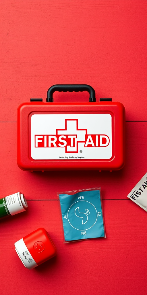 Create a high-resolution image of a first aid kit icon with the text "FIRST AID" in bold, using a Canon EOS R5 at f/8, ISO 100, 24mm focal length, top-down view, flat lay style with vibrant colors.