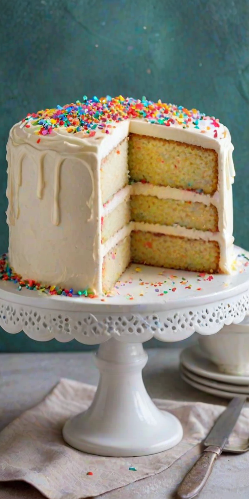 Create an image of a layered vanilla cake with smooth frosting on the outside. The top should be decorated with swirls of frosting and colorful sprinkles. The cake should be partially sliced to show its soft, fluffy texture and layers inside. The background should be simple and neutral to emphasize the cake.