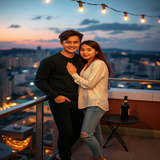 Warmly lit photo, a young couple standing on a rooftop at dusk, city lights twinkling below them, she's leaning on the railing, he's standing close, softly smiling, string lights hanging above them, a bottle of wine on a small table beside them, sunset colors still visible on the horizon.