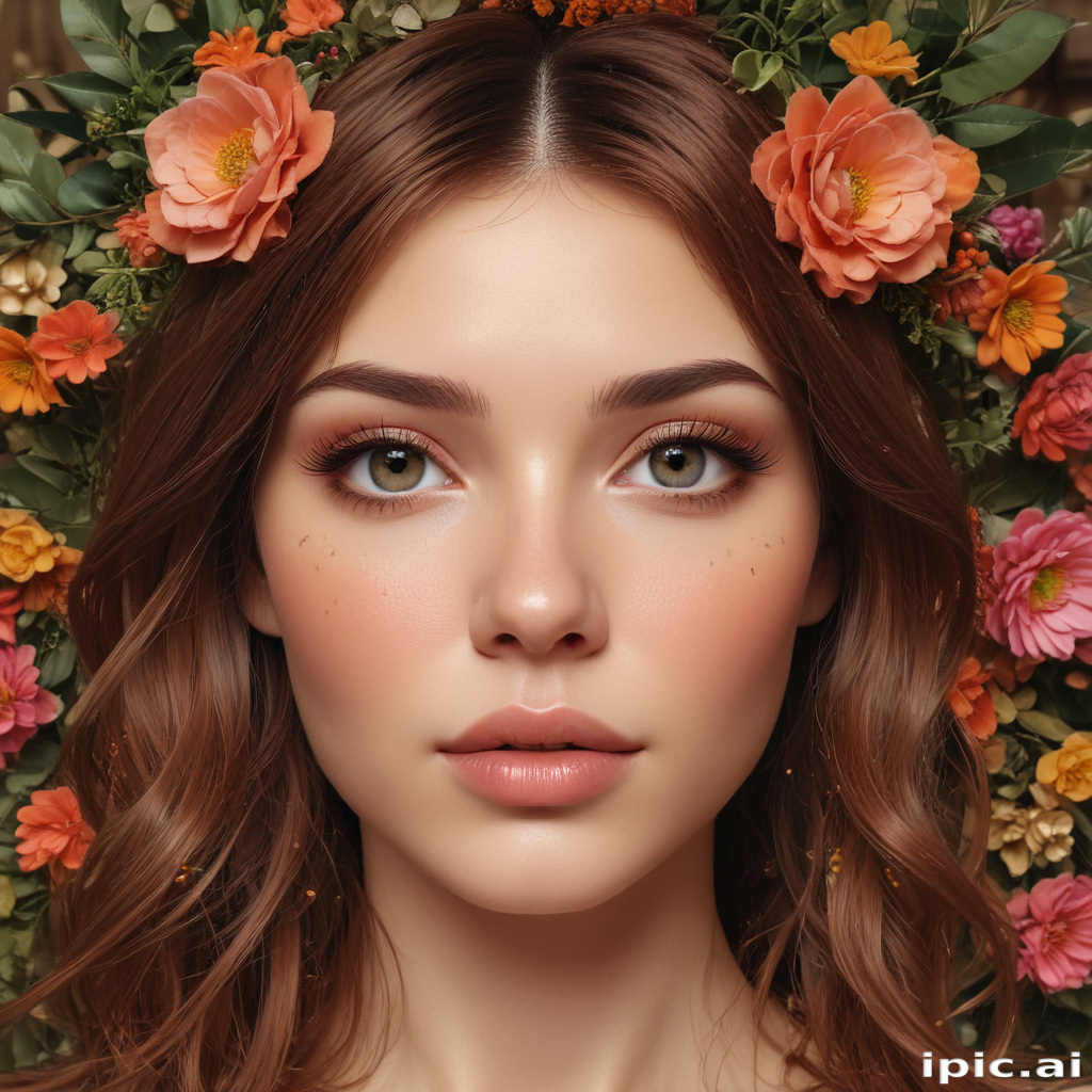 Radiant Portrait of a Young Woman Surrounded by Colorful Floral Arrangement