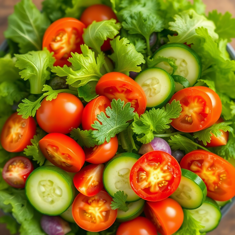 Create a vibrant and detailed digital illustration of a fresh salad with mixed greens, tomatoes, cucumbers, and peppers, shot from a top-down view using a DSLR camera with a focal length of 50mm, aperture set to f/2.8, and a slight bokeh effect to enhance depth and detail.