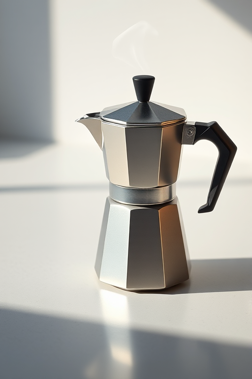 Create a high-resolution digital illustration of a moka pot on a smooth surface with steam rising, using a Canon EOS 5D Mark IV with a 50mm f/1.8 lens, capturing a shallow depth of field and soft natural lighting.