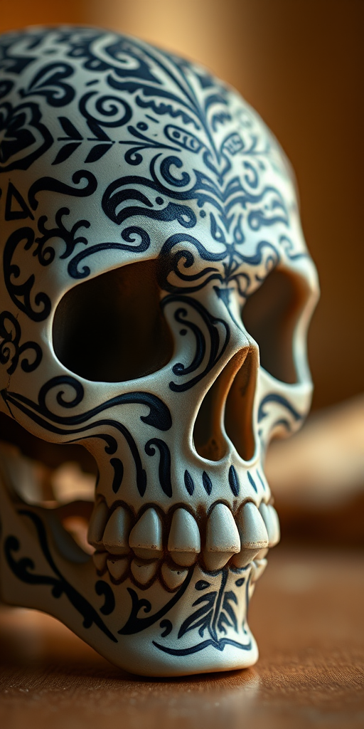 Create a highly detailed close-up image of an intricately designed skull with ornate patterns, set against a soft golden background, using a DSLR camera, 85mm lens, aperture f/1.8, ISO 200, and a shallow depth of field for maximum focus on the skull while softly blurring the background.