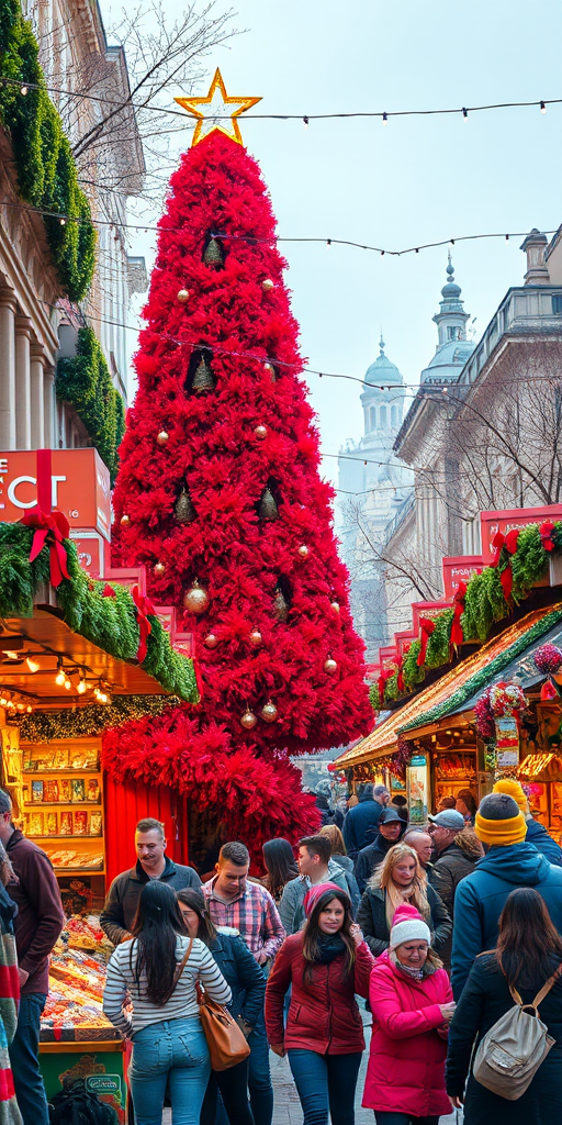 Generate an image of a vibrant market scene during the holiday season. The focal point is a large, decorative Christmas tree made of red tinsel, adorned with a star on top. Surrounding the tree, colorful stalls are filled with festive decorations and gifts. People are gathered, enjoying the festive atmosphere, with some shopping and others taking photos. The street is lively and decorated with strings of lights, creating a cheerful and warm ambiance.