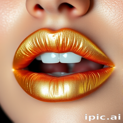 Shimmering gold metallic lip color adorns expertly lined lips, catching the light and creating a mesmerizing holographic effect, accentuating the lip's natural curves