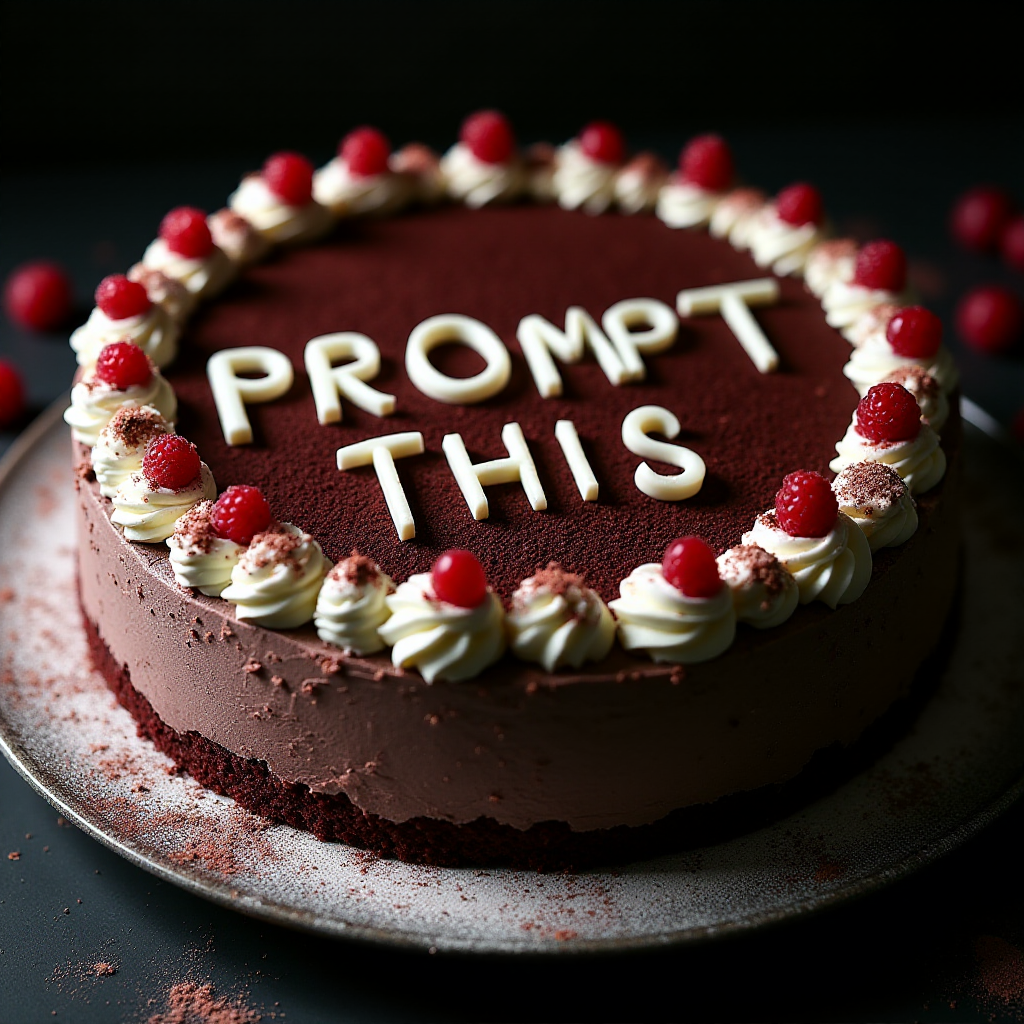 black forest gateau cake, spelling out the words "PROMPT THIS", tasty, food photography, dynamic shot