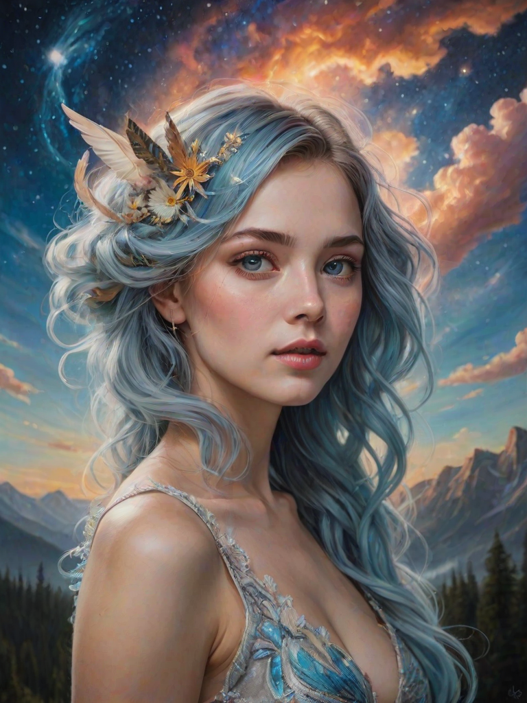 Create a series of imaginative portraits where each subject is infused with elements of fantasy and nature. The hair of the individuals should flow like clouds, varying from soft, fluffy cumulus to wispy cirrus strands, with hints of color reflecting a sunset or a clear blue sky. The eyes should be windows to entire galaxies, with stars, nebulae, and distant planets visible within them. Clothing should be adorned with nature motifs, such as floral patterns that bloom and change, vines that seem to grow and wrap around, or feathers that shimmer with iridescence. Each portrait should capture a unique personality, blending human features with the ethereal beauty of the natural and cosmic world. The backgrounds can vary, from starry night skies to enchanted forests, adding depth and context to the magical realism of the portraits
