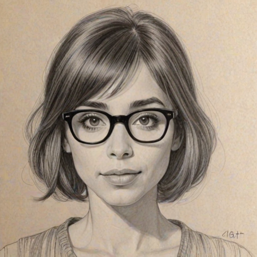 Beauteous Cristin Milioti, pencil sketch, portrait of Fascinating woman 1961s in glasses, hair style beatnik, outline, clear lines, fine lines, 8k
