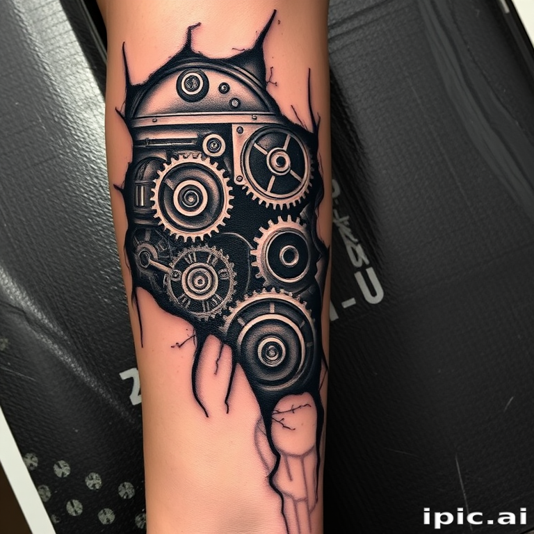 Striking biomechanical tattoo covering the forearm, revealing intricate machinery and gears beneath torn skin, utilizing shading and highlights to create a three-dimensional illusion of depth