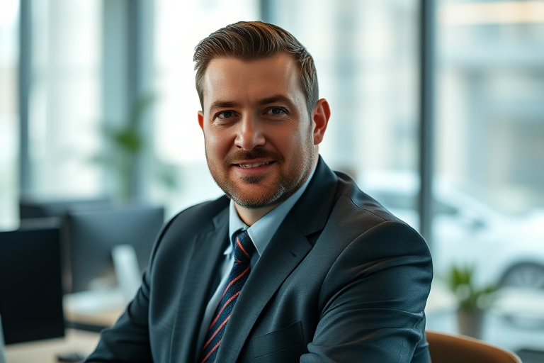 professional man in a business office, portrait, natural lighting, 85mm lens, f/1.8 aperture, ISO 200, shallow depth of field, Canon EOS R5, 24fps, soft focus background