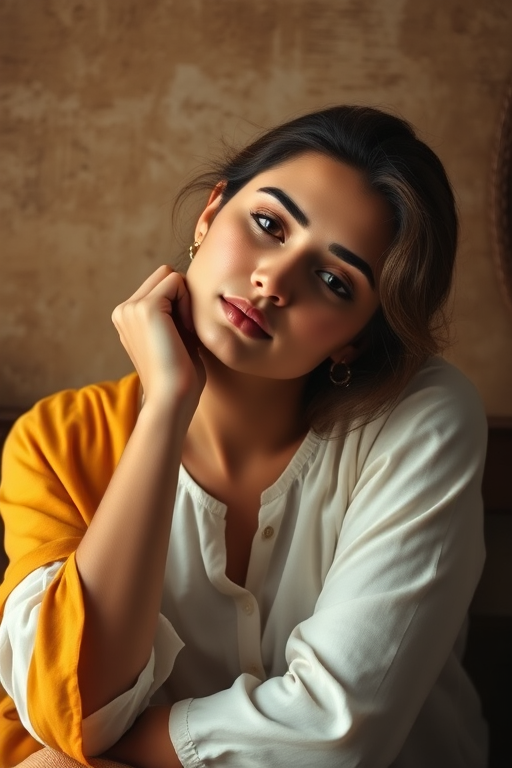 Create a digital artwork of a woman resting her head on her hand, wearing a white blouse with a yellow shawl, set against a textured, warm-toned background, using a Canon EOS R5 camera with a 50mm lens at f/1.8, ISO 100, and a soft focus style to enhance the depth and richness of colors.