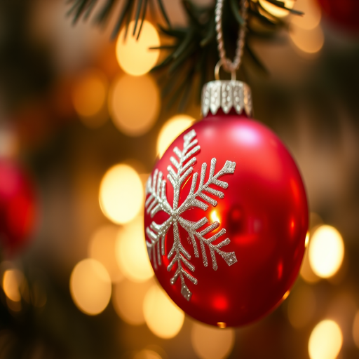 A close-up view of a decorated Christmas ornament with a snowflake design, softly glowing bokeh lights in the background, shot with a DSLR camera, aperture f/2.8, ISO 100, shutter speed 1/60s, using a 50mm lens for a warm, festive atmosphere.