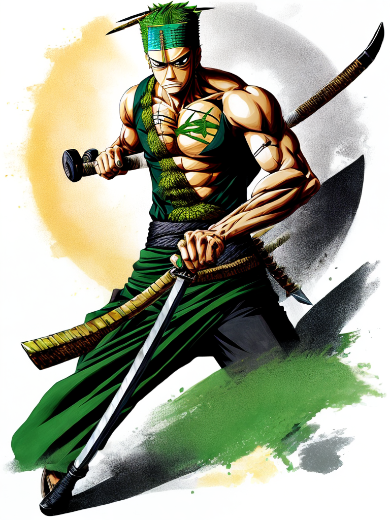 Roronoa Zoro))) in an intense battle stance, wielding his three swords ...