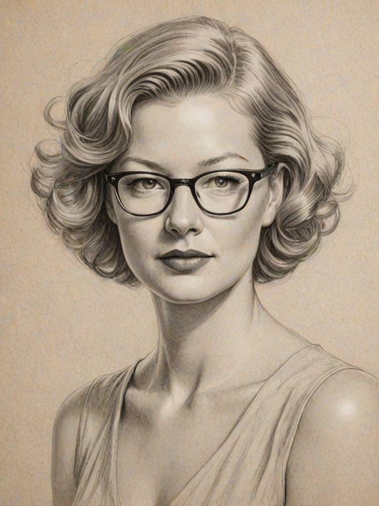 Fetching Gretchen Mol, pencil sketch, portrait of Captivating woman 1931s in glasses, hair style beatnik, outline, clear lines, fine lines, 8k