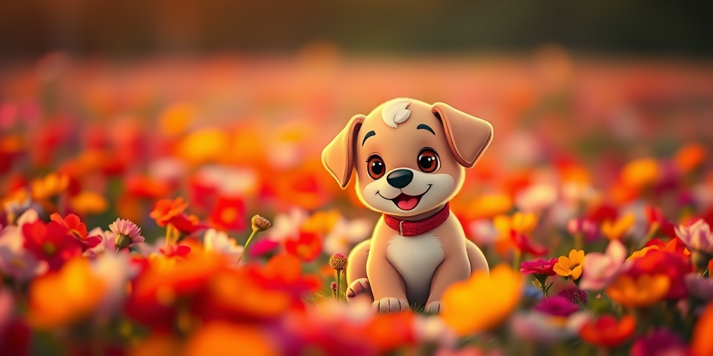 A cute cartoon puppy sitting in a colorful field of flowers during golden hour, with a shallow depth of field to blur the background, captured with a DSLR camera at f/2.8, ISO 100, 50mm lens, soft natural lighting.