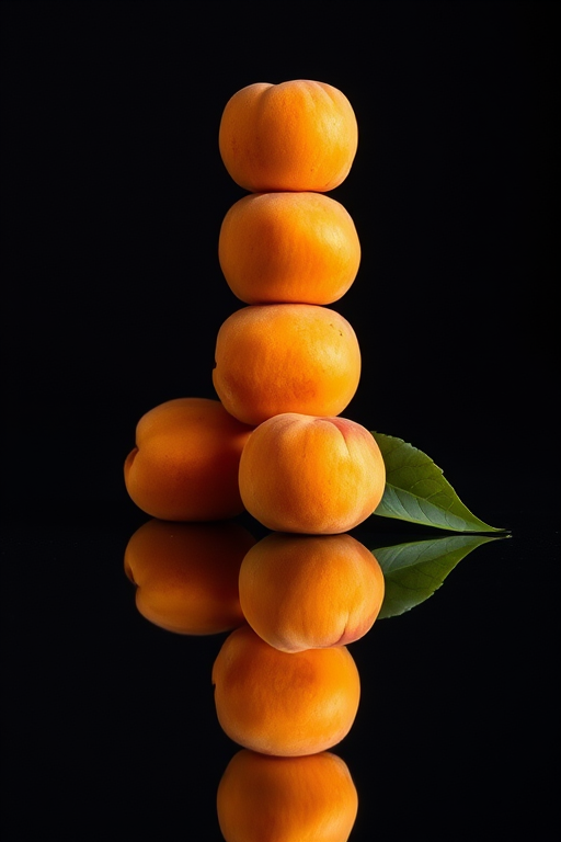 Create a still life photograph of apricots stacked on a reflective surface, using a DSLR camera with a 50mm lens, aperture f/2.8, ISO 100, and a shutter speed of 1/60 seconds, with soft lighting to enhance the texture and color of the fruit against a dark background.