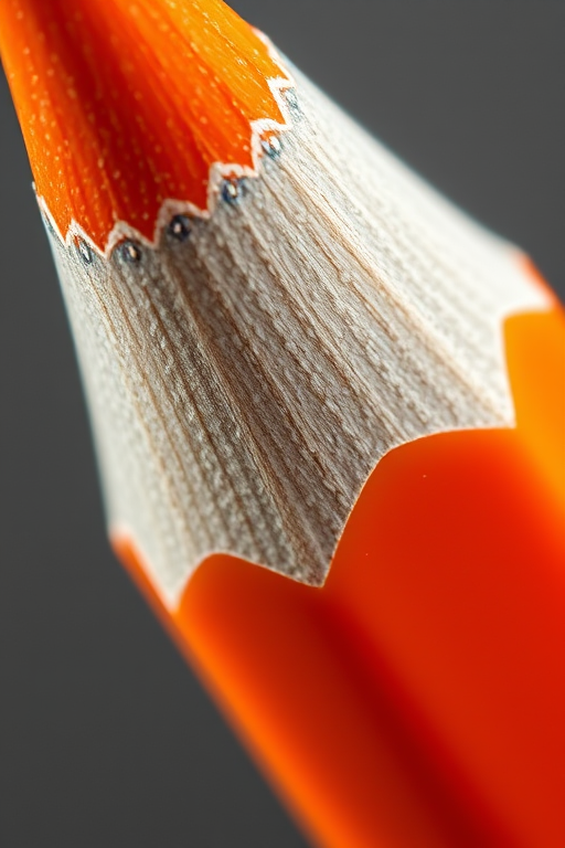 Create a high-quality image of a stylized pencil with an orange body and blue eraser, shot with a Canon EOS R5 at f/2.8, ISO 100, with a shallow depth of field and a macro lens to capture fine details, in natural light.