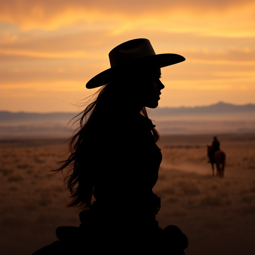 "Create a Double exposure", a silhouette "profile portrait of a young cowgirl" with long hair "superimposed" against a long shot of a cowgirl riding a horse across the plains, fantastic view, 32k, cinematic, hyper-realistic.