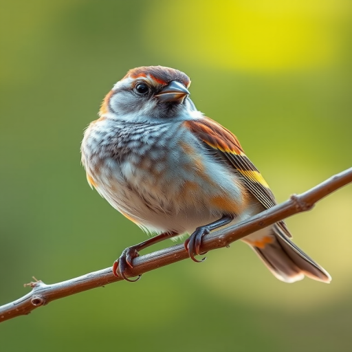 A detailed illustration of a sparrow perched on a branch, with vibrant colors and intricate feather patterns, taken with a DSLR camera, 50mm lens, f/2.8 aperture, 1/200s shutter speed, soft natural lighting, shallow depth of field.