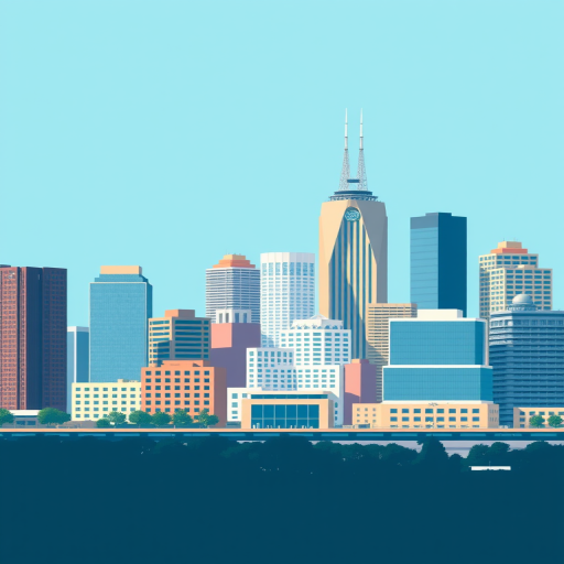 Create a vector illustration of a modern city skyline against a light blue background, with diverse architectural styles in pastel colors, utilizing a Canon EOS 5D Mark IV, 50mm lens, f/8 aperture, ISO 100, and a wide-angle view for clarity and detail.