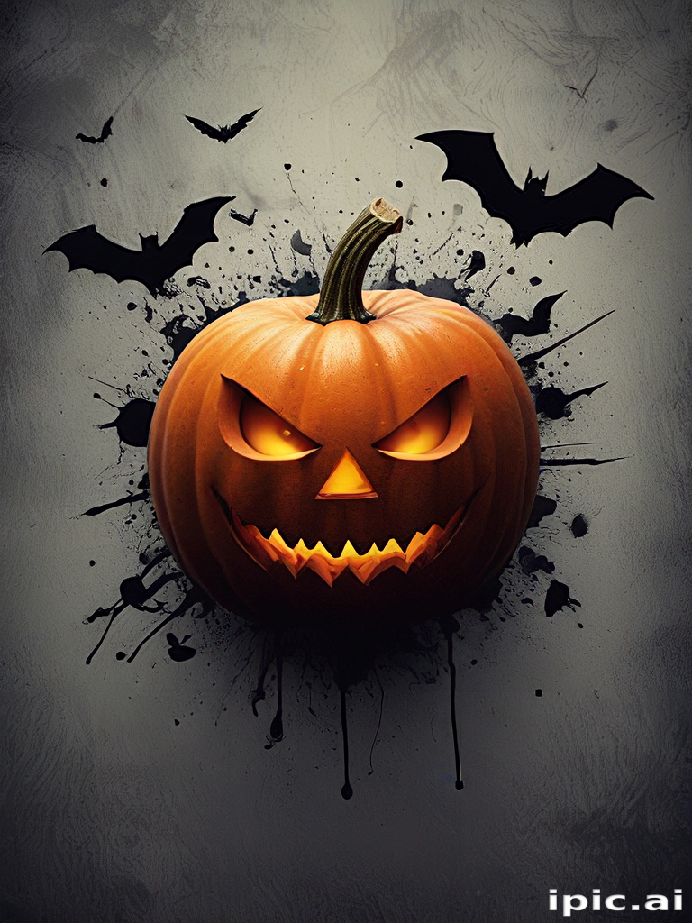 Spooky Halloween Pumpkin with Grinning Face Surrounded by Flying Bats