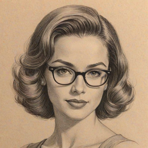 Magnificent Freddie Prinze Jr., pencil sketch, portrait of Charming woman 1948s in glasses, hair style beatnik, outline, clear lines, fine lines, 8k