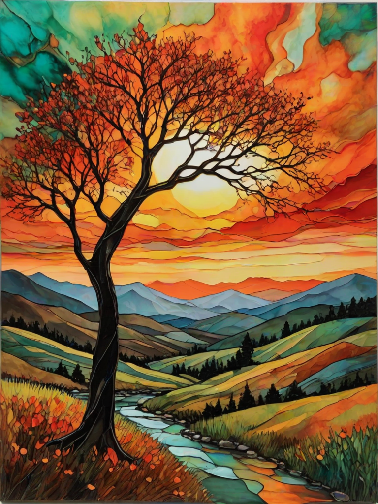 A vibrant abstract painting on Tiffany Glass, blending acrylic and alcohol ink techniques, captures a dramatic sunset over rolling hills. The artwork features a textured, rocky foreground in green and brown, layered abstract hills, and a striking sunset in rich oranges, yellows, and reds. A solitary black tree with intricate branches contrasts against the fiery sky, creating a dynamic and expressive portrayal of a breathtaking natural scene.