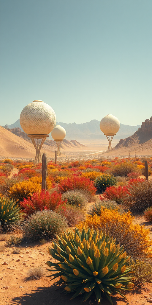 A futuristic landscape featuring floating spherical structures on tall stilts amidst vibrant desert vegetation, captured with a DSLR camera using a 24mm lens at f/8, ISO 100, with dynamic range enhancement and high resolution for optimal detail in bright sunlight.