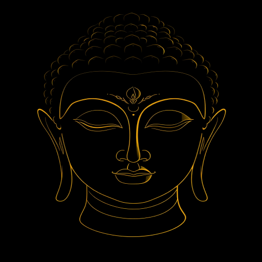 Create a high-resolution digital illustration of a serene Buddha face with intricate gold line work on a solid black background, using a Canon EOS R5 camera, 85mm lens, f/1.8 aperture, and natural soft lighting to enhance the details and elegance of the design.