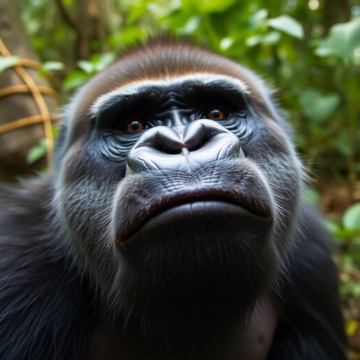 close-up portrait of a gorilla with detailed facial features, sharp focus, natural lighting, camera settings: ISO 200, f/4.0, 1/500s, camera view: eye level, camera style: wildlife photography, camera type: DSLR.