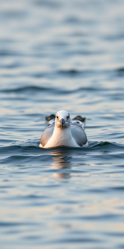 A seagull swimming in calm water, captured with a DSLR camera, 85mm lens, aperture f/4, shutter speed 1/1000s, ISO 200, natural light, shallow depth of field, focus on the bird with a blurred background.
