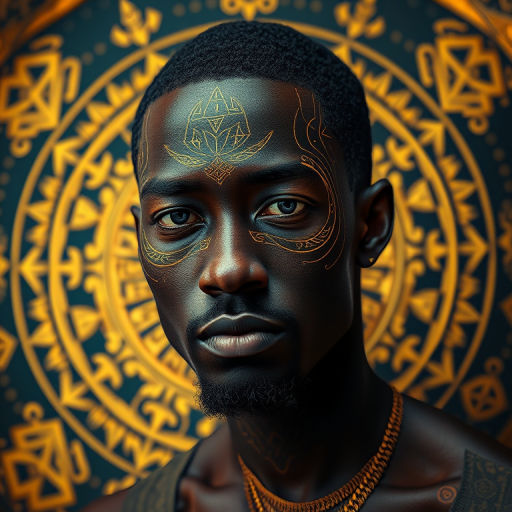 Create an intricate digital portrait of a dark-skinned male figure with a stylized design, featuring golden patterns and mystical symbols in the background, shot with a Canon EOS R5, 50mm lens, f/1.8, ISO 100, in high dynamic range and vibrant colors.