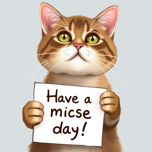 cat holding a note which says "Have a mice day!"