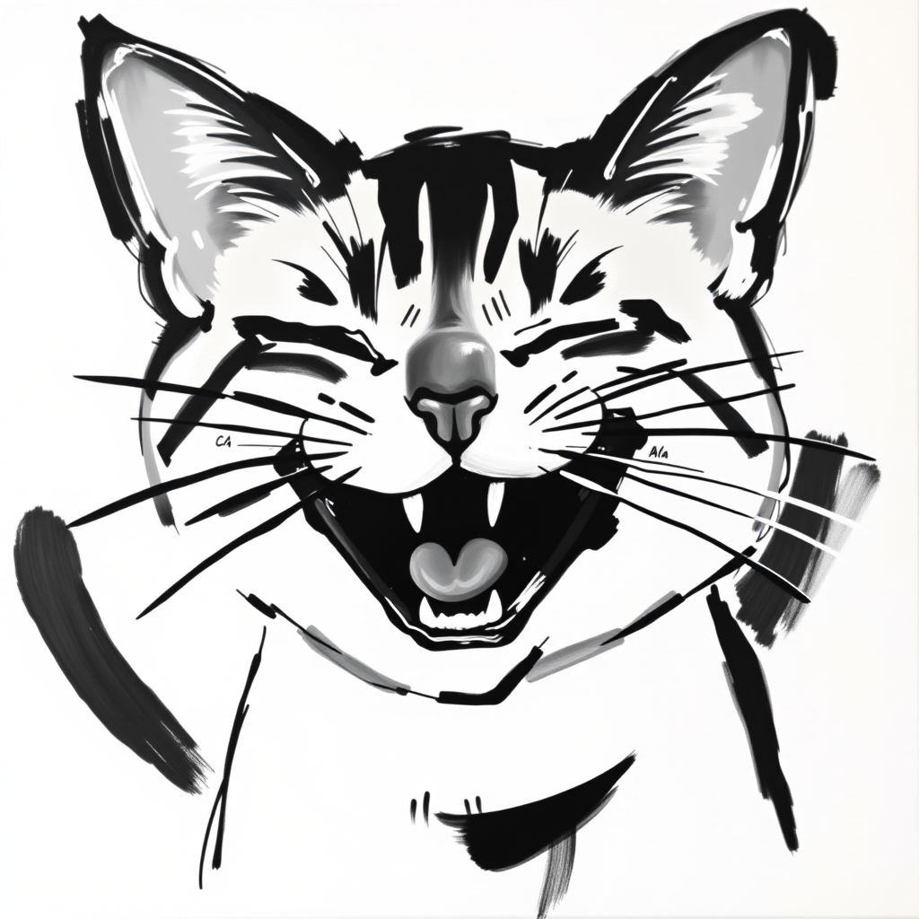 Abstract black and white acrylic portrait of an over exaggerated laughing (cat). Minimalism style. White background.