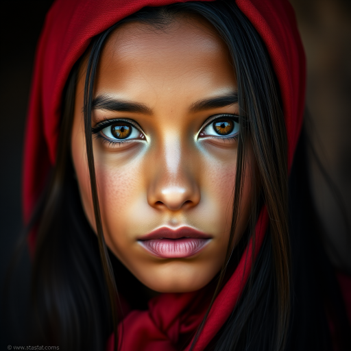 Create a portrait of a young taino woman with long, dark hair and captivating hazel eyes. She is wearing a red headscarf and a matching scarf draped gracefully around her neck. The background is softly blurred, focusing attention on her serene and natural expression. The overall color palette is muted and warm, enhancing the intimate and authentic feel of the portrait.