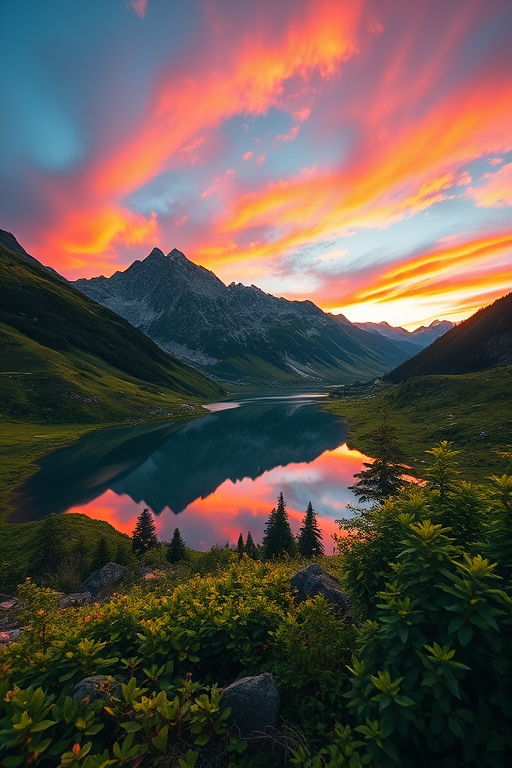 Generate an image of a serene mountain landscape during sunrise with vibrant colors in the sky, include lush greenery in the foreground and a clear reflective lake, shot with a Canon EOS R5 at f/8, ISO 100, and a 24mm lens, using a wide-angle view.