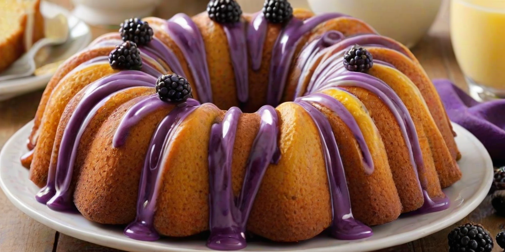 Create an image of a beautifully baked bundt cake with a swirl of purple and yellow colors. The cake should be sliced to show its interior, and it should be garnished with fresh blackberries. Include a textured background with a soft cloth and a glass of milk nearby for a cozy presentation.