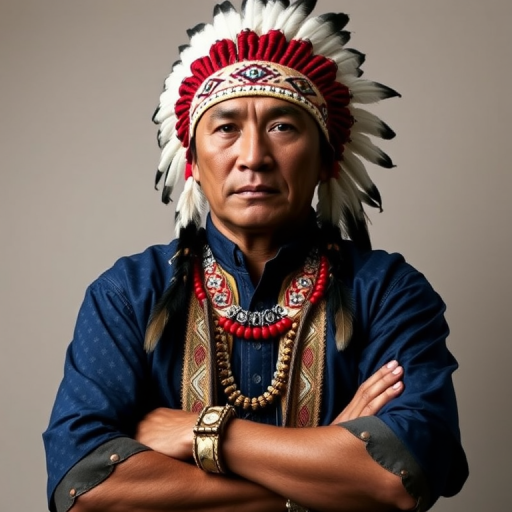Create a dignified portrait of a Native American man dressed in traditional attire. He wears a beautifully crafted headdress adorned with white feathers and red beads, along with a beaded headband featuring intricate patterns. His clothing includes a deep blue, patterned shirt and a traditional chest piece with detailed beadwork. His arms are crossed, displaying leather armbands decorated with feathers. The background is simple and neutral, emphasizing his proud and stoic expression. The overall image captures the rich cultural heritage and strength of his persona.