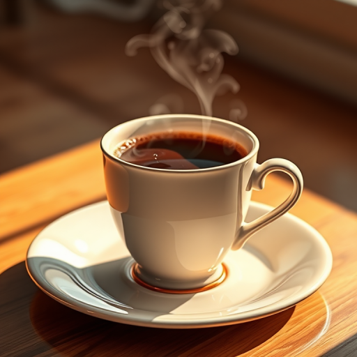 Generate a high-resolution digital illustration of a steaming coffee cup on a saucer, emphasizing a warm color palette, with a focus on realistic textures and reflections, using 50mm lens, f/1.8 aperture, ISO 100, and a shallow depth of field, captured in soft natural lighting.