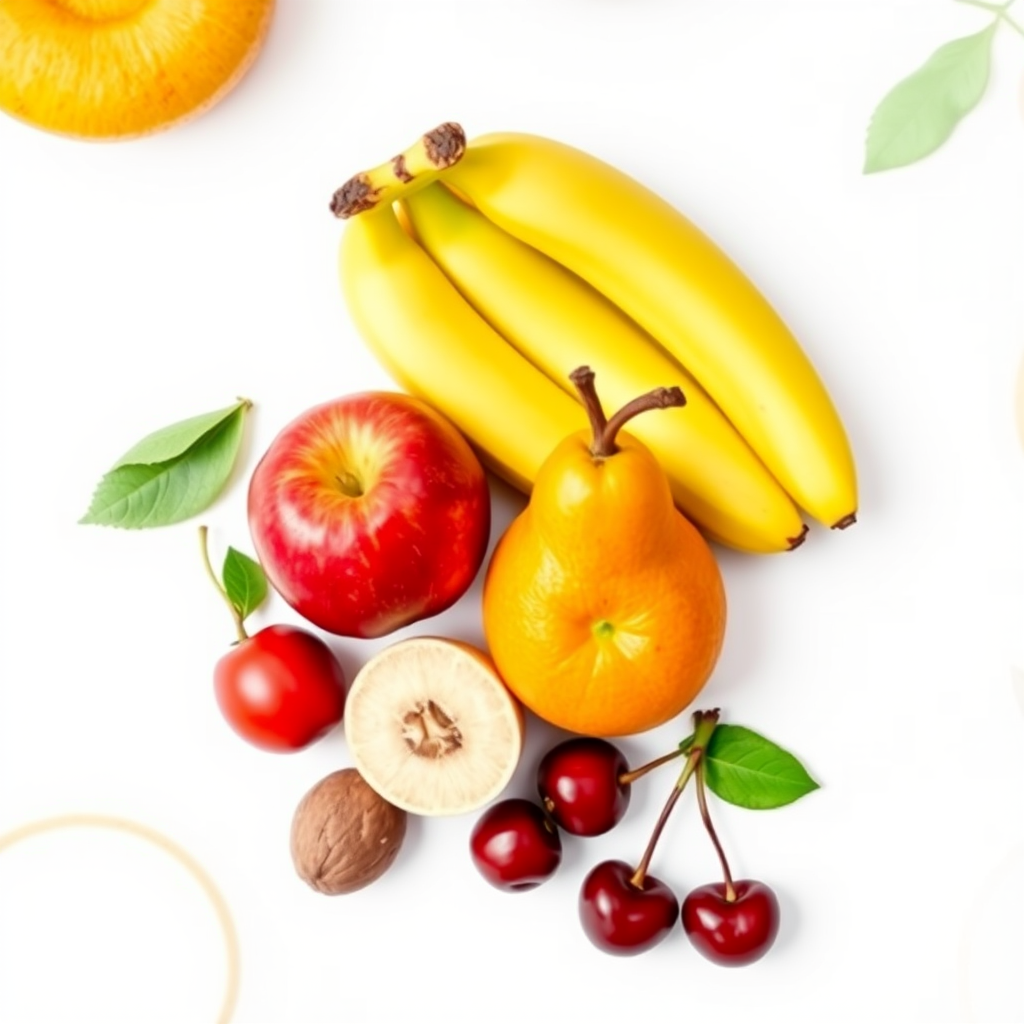 Create a vibrant still life illustration of assorted fruits including bananas, an apple, a pear, an orange, cherries, and a nut, using a high-resolution camera with a 50mm lens, aperture f/2.8, and soft natural lighting to enhance colors and details, shot from a top-down perspective with a clean, white background for contrast.