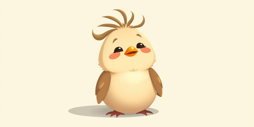 Create a whimsical illustration of a small cartoon bird with unique hair, sitting in a relaxed pose on a soft pastel background, using a Canon EOS R5, 50mm lens, f/1.8 aperture, and natural soft lighting to enhance the details and colors.