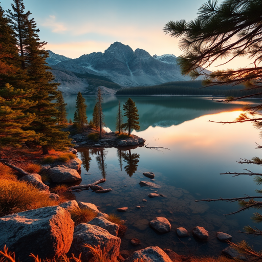 Create a high-resolution image of a serene landscape featuring a mountain lake surrounded by pine trees at sunset, using a Canon EOS 5D Mark IV with a 24-70mm f/2.8 lens, aperture set to f/8, ISO 200, and a shutter speed of 1/125 sec, shot from a low angle to capture reflections in the water, with a warm color palette to enhance the atmosphere.