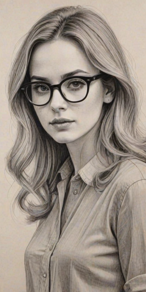 Fetching Zoe Deutch, pencil sketch, portrait of Lovely woman 1966s in glasses, hair style beatnik, outline, clear lines, fine lines, 8k