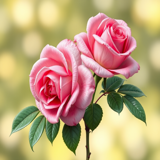 high-resolution botanical illustration of two pink roses with green leaves, soft-focus background, using a DSLR camera, 50mm lens, f/2.8 aperture, ISO 100, natural light, floral photography style