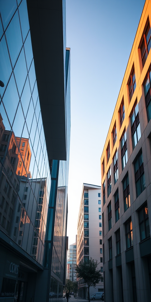 Captivating architectural shot of modern buildings in warm evening light, with focus on clean lines and geometric shapes, shot with a DSLR camera at f/8, ISO 100, 1/200 sec, using a wide-angle lens at 24mm, natural lighting, slightly elevated angle.