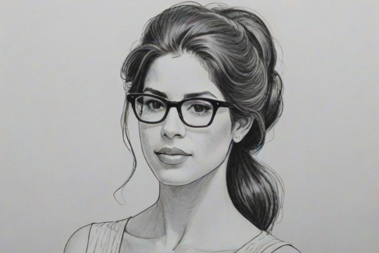 Lovely Ana Ortiz, pencil sketch, portrait of Comely woman 1966s in glasses, hair style beatnik, outline, clear lines, fine lines, 8k